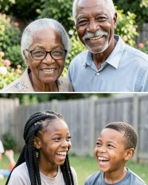 Sample photo: two separate photos: Black grandparents smiling in a garden, and their granddaughter and grandson laughing