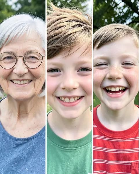 Sample photo: three separate portraits: a grandmother with a silver bob and round glasses, and her two young grandsons