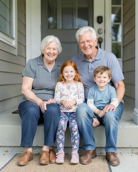 Sample photo: a grandmother and grandfather on a porch step with their granddaughter and grandson
